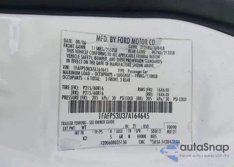 2007 Ford Taurus Se z USA, uszkodzony, nr VIN 1FAFP53U37A164645